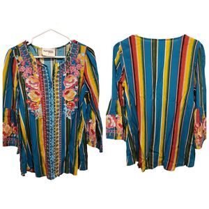 Savanna Jane Size Small Serape Stripe Embroidered Bell Sleeve Boho Tunic Blouse